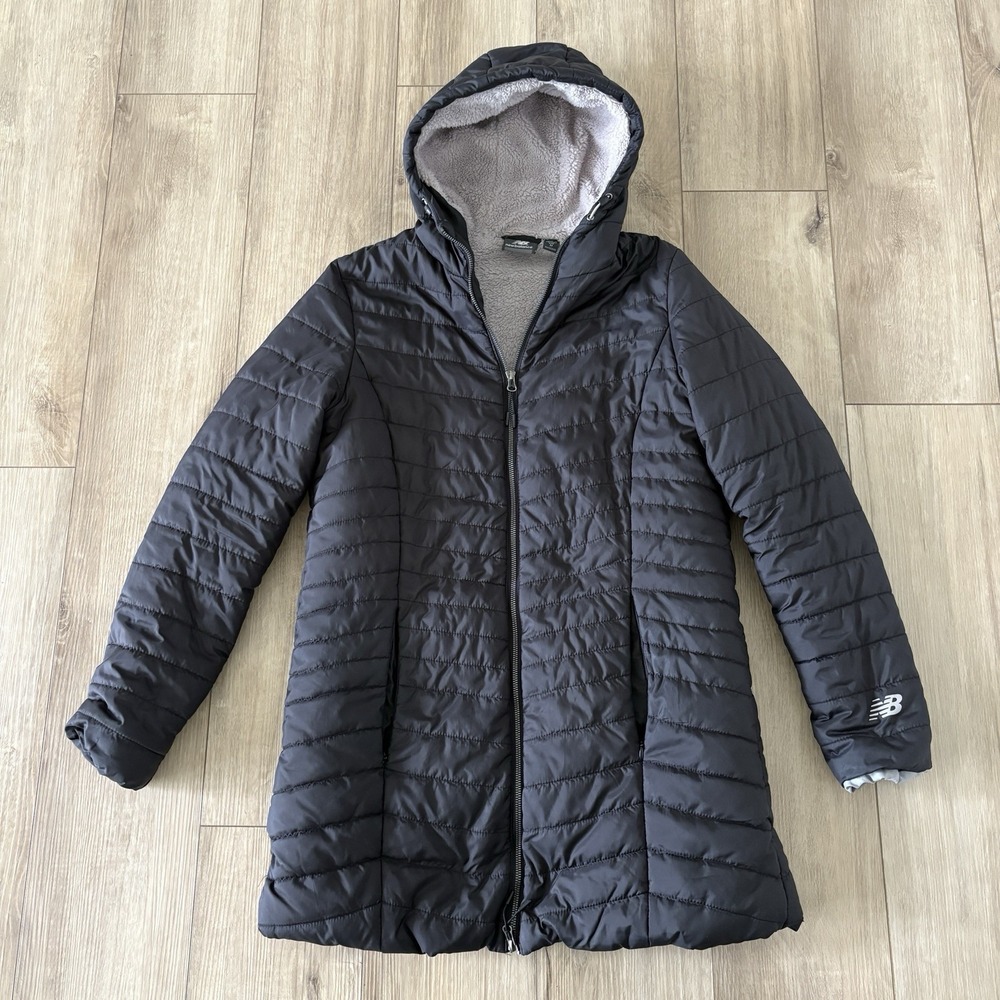 New Balance Womens M Black Hooded Quilted Puffer Jacket Fleece Lined Long